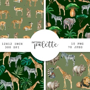 Motivi di animali africani ad acquerello, animali della savana, fauna selvatica, PNG, decorazioni per la cameretta dei bambini, carta digitale, animali del safari leone, elefante, giraffa