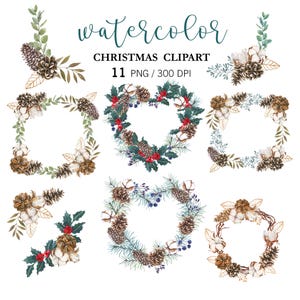 Watercolor Christmas wreath, Winter frames, PNG, Heart shape winter wreath, Cotton, Red berries, Pine brunches, Pine Cones