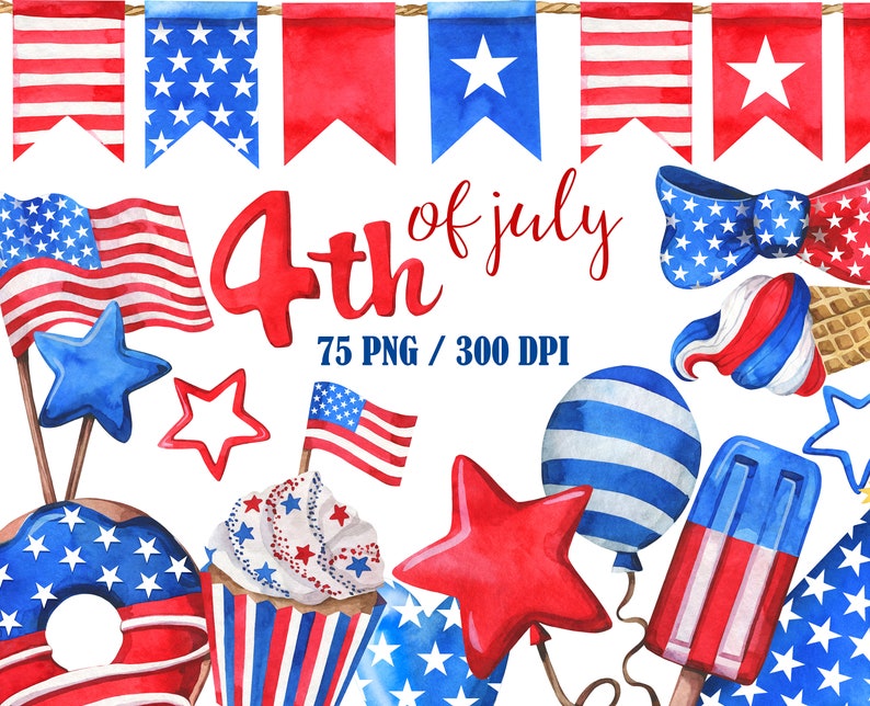 May include: Watercolour illustrations of 4th of July themed clipart.  The illustrations include a donut, cupcake, star, balloon, popsicle, bow tie, ice cream cone, and flags.  The text "4th of July" and "75 PNG / 300 DPI" is included in the image.