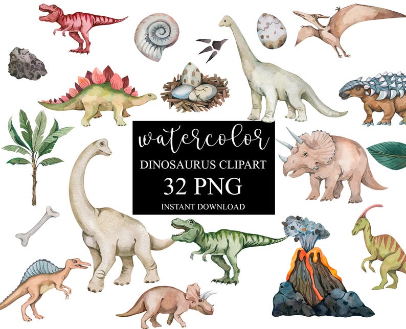 Watercolor Dinosaur Clipart, Dinosaur clipart, Nursery Clipart, PNG, Dinosaur birthday party Decor, Dinosaur stickers, Dinosaur baby shower image 1