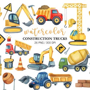 Aquarell Baustellen LKW Clipart PNG Fahrzeug-Set Handbemalt, Digital Download Gebäude Clipart, Bulldozer, Gabelstaber, Kinderzimmer Dekor