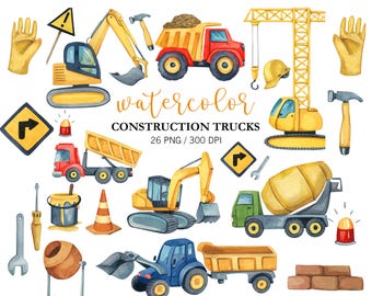Watercolor Construction Truck Clipart PNG Vehicle Set Hand Painted, Digital Download Building Clipart, Bulldozer, Forklift, Nursery Decor