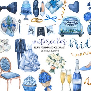 Blue Wedding Clipart PNG, Wedding invitation decor, Watercolor Wedding arch, Bride Clipart, Wedding cake, Wedding Car, Marriage Clipart image 1