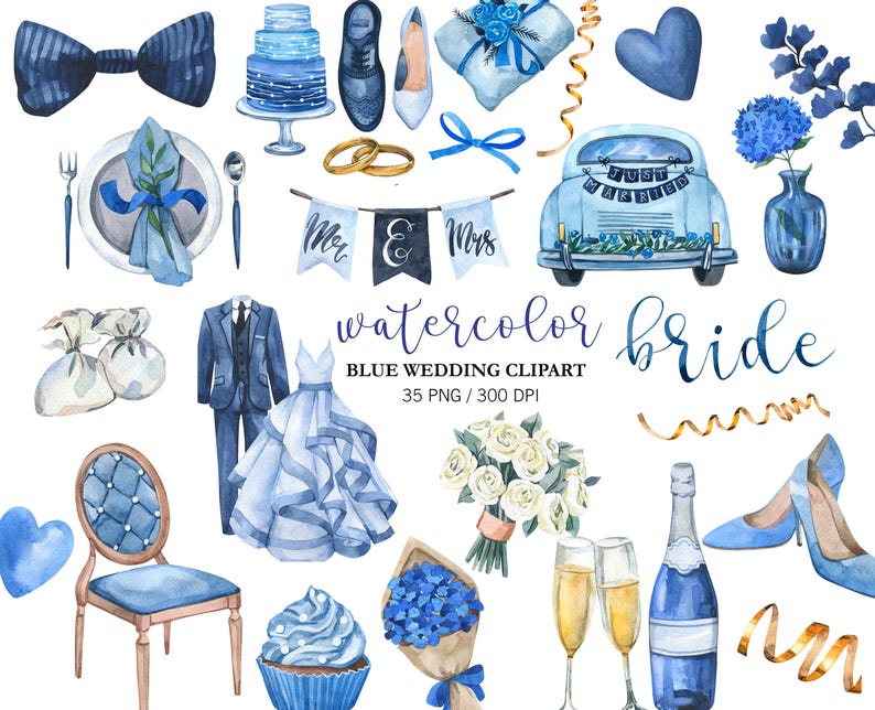 Blue Wedding Clipart PNG, Wedding invitation decor, Watercolor Wedding arch, Bride Clipart, Wedding cake, Wedding Car, Marriage Clipart image 1
