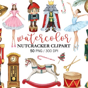 Cascanueces en acuarela, gráfico de cascanueces, cascanueces PNG, decoración navideña, clipart de Navidad, gráficos de ballet, carrusel, rey ratón
