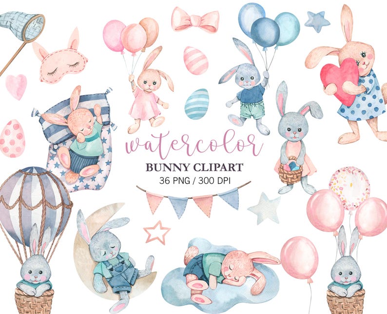 Watercolor Bunny Clipart PNG, Cute Baby Rabbit Nursery Decor, Easter ...