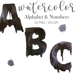 Clipart de alfabeto preto aquarela, alfabeto PNG, letras separadas em aquarela preta, números, download instantâneo, pintado à mão, uso comercial