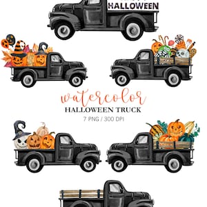 Watercolor Halloween Truck Clipart: Pumpkins & Candy PNG Digital Download