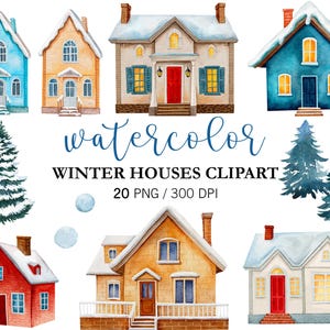 Watercolor Winter Houses clipart Watercolor Christmas Houses  PNG Winter clipart, Christmas clipart Cottage Christmas Trees Wreath Mountain