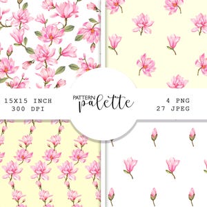 Op de afbeelding: Een digitale collectie van vier naadloze patronen met roze aquarel magnolia bloemen op witte en lichtgele achtergronden. De tekst "PATTERN palette" staat in het midden, met "15X15 INCH 300 DPI" en "4 PNG 27 JPEG" aan de zijkanten.