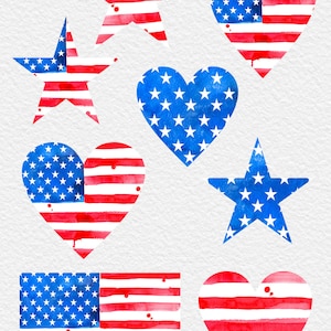 May include: A set of eight watercolour illustrations of stars and hearts in red, white and blue, reminiscent of the American flag.