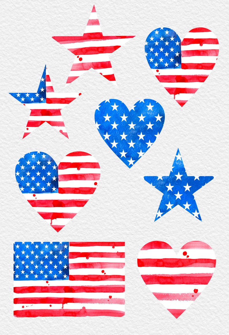 May include: A set of eight watercolour illustrations of stars and hearts in red, white and blue, reminiscent of the American flag.