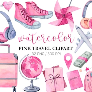 Aquarel roze reizen clipart, zomervakantie, vakantie clipart, toerisme clipart, planner clipart, avontuur clipart, png, vliegtuig, wereldbol