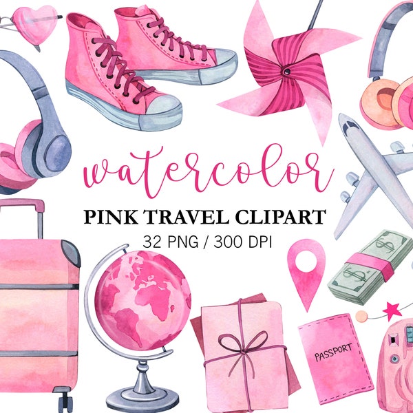 Watercolor Pink Travel clipart, Summer Holiday, Vacation clipart, Tourism clipart, Planner clipart, Adventure clipart, PNG, Airplane, Globe