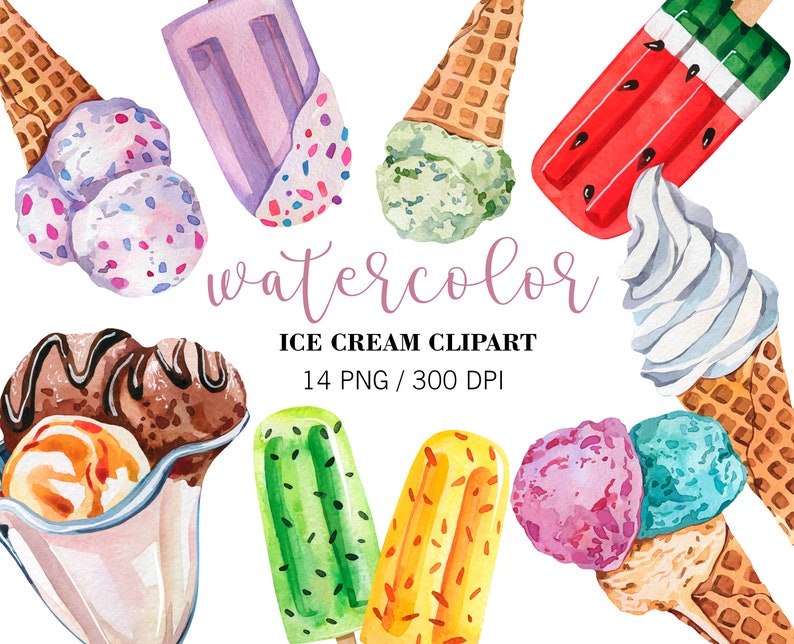 May include: A watercolour illustration of ice cream treats, including cones, popsicles, and a sundae. The image showcases a range of flavours and styles, such as a watermelon ice lolly, a mint ice cream cone, and a sundae with chocolate sauce. The text "watercolor" and "ICE CREAM CLIPART" are also included.