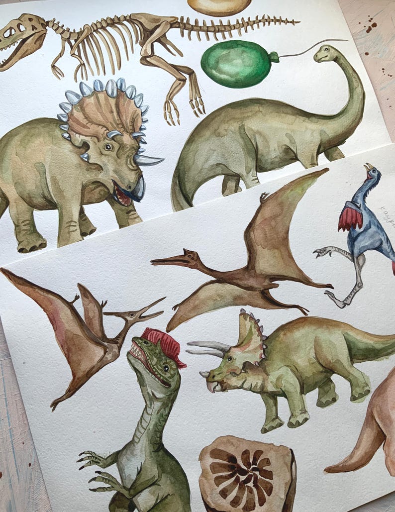 May include: Watercolor painting of various dinosaurs, including a triceratops, a stegosaurus, a pterodactyl, and a velociraptor. The painting also includes a fossilized ammonite and a green balloon.