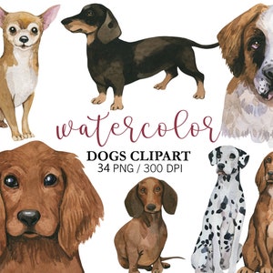 Watercolor Dogs Clipart, Pet clipart, Animal Clipart, PNG, Nursery Decor, Cute clipart, Watercolor Dogs portrait, Birthday Decor, dogs breed image 2