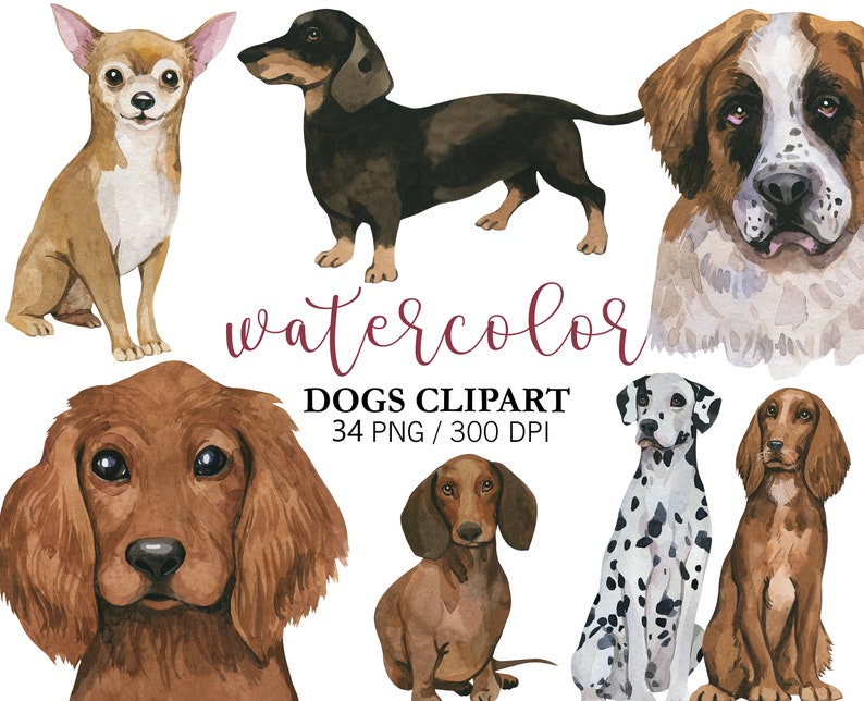 Watercolor Dogs Clipart, Pet clipart, Animal Clipart, PNG, Nursery Decor, Cute clipart, Watercolor Dogs portrait, Birthday Decor, dogs breed image 2