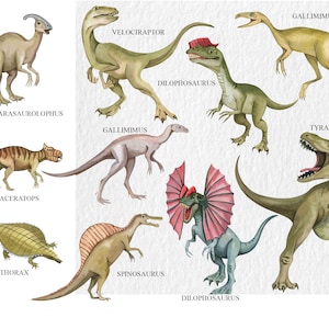 May include: A watercolor illustration of 10 different dinosaurs, including a Parasaurolophus, Koreaceratops, Paratypothorax, Spinosaurus, Dilophosaurus, Gallimimus, Velociraptor, and Tyrannosaurus. Each dinosaur is labeled with its name.