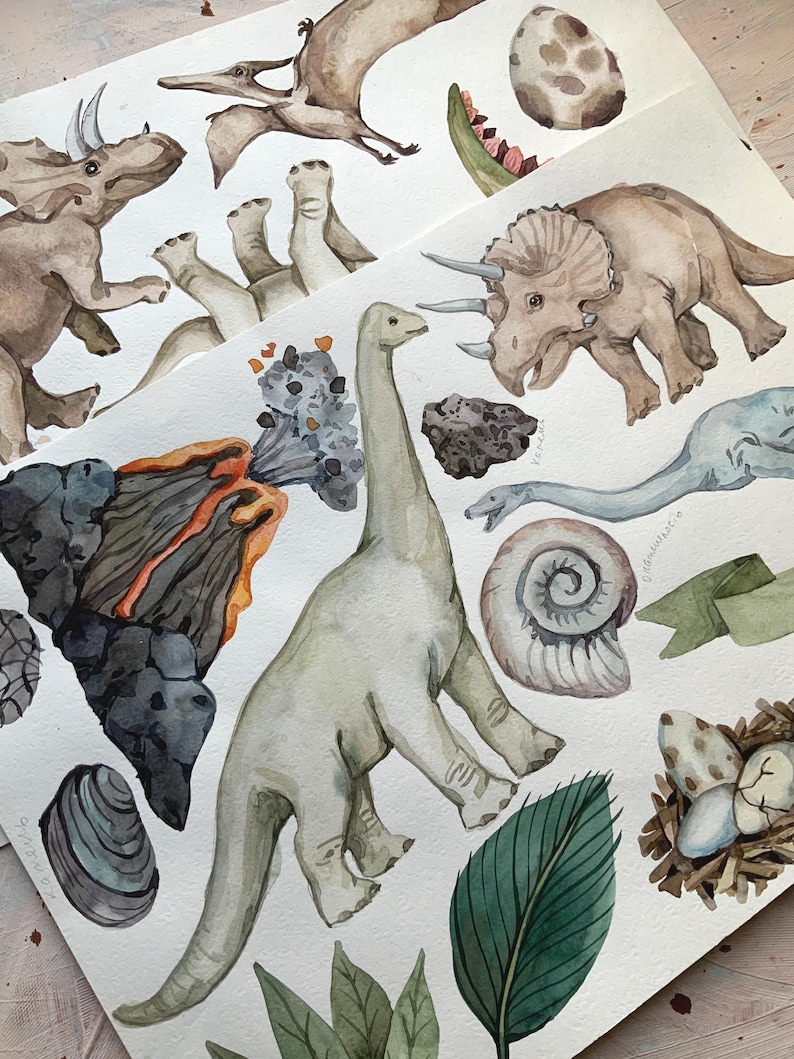 May include: Watercolour illustration of various dinosaurs, including a triceratops, a brachiosaurus, and a pterodactyl. The illustration also includes a volcano, a nest of eggs, and leaves.