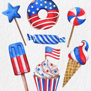 May include: A collection of red, white and blue themed treats for a patriotic celebration.  The items include a doughnut, a lollipop, a popsicle, a cupcake, an ice cream cone, and a sweet.