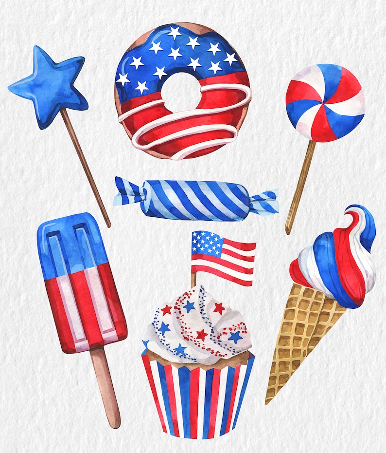 May include: A collection of red, white and blue themed treats for a patriotic celebration.  The items include a doughnut, a lollipop, a popsicle, a cupcake, an ice cream cone, and a sweet.