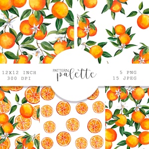 Patrones sin costura de naranjas de acuarela, clipart de naranjas, PNG, patrón de cítricos de acuarela, ramas de naranja, descarga instantánea, papel digital, bricolaje