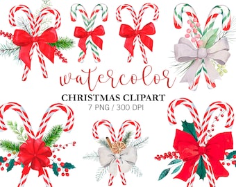 May include: Watercolor clipart of seven Christmas candy canes with red and white stripes, decorated with red, white, and gray bows, holly, and greenery. The text "watercolor CHRISTMAS CLIPART 7 PNG / 300 DPI" is below the images.