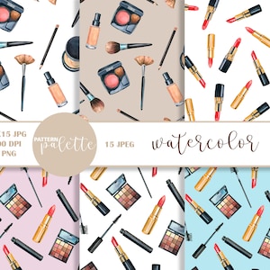 Aquarel make-up naadloze patronen, modepatronen, make-up cosmetica set, PNG, make-up digitale papieren, make-up achtergronden, rode lippenstift