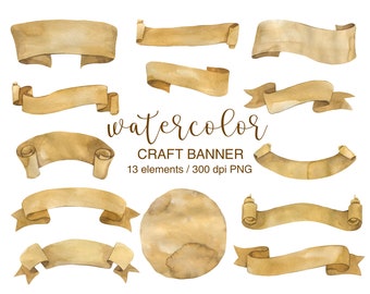 Watercolor banner clipart, Craft paper banner, Beige Ribbon cliparts, Watercolor Old scroll clipart, Ancient paper, PNG, banner for text