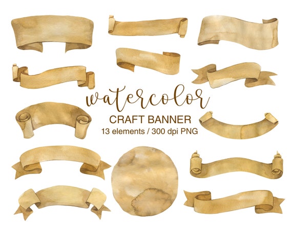 Watercolor Banner Clipart Craft Paper Banner Beige Ribbon