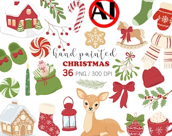 Hand Painted Christmas Clipart PNG, Christmas Holiday Graphics, Winter Digital Download, Holiday party decorations