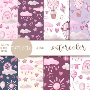 Pink Hot Air Balloon Pattern, Watercolor seamless pattern Nursery Decor wallpaper Watercolor Hot Air balloon digital paper Baby Girl Pattern