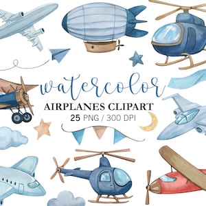 Watercolor Airplanes Helicopters Clipart, Kids Clipart, Nursery Decor PNG, Baby Shower, Travel clipart, biplanes, Air Transport Watercolor