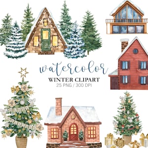 Casas de invierno de acuarela, casas de Navidad Casa PNG, cabaña de invierno, imágenes prediseñadas de pinos de acuarela, imágenes prediseñadas de la naturaleza, imágenes prediseñadas de Navidad