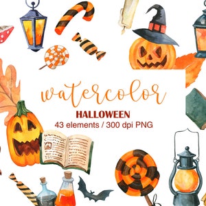 Watercolor Halloween Clipart, Pumpkin clipart, PNG, Trick Or Treating, Fall Clipart, Horror Clipart, Scary pumpkin, Halloween sweets, DIY