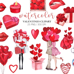 Clipart de San Valentín en acuarela, PNG de amor, PNG de San Valentín, Clipart de corazón, Niña pintada a mano con regalos, Pareja con globos