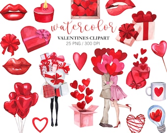 Watercolor Valentines day Clipart, Love PNG, Valentine PNG, Heart Clipart, Hand Painted Girl with gifts, Couple with balloons