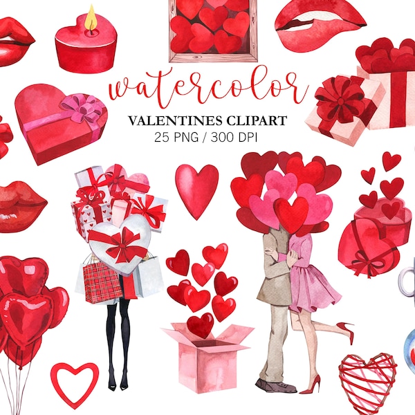 Watercolor Valentines day Clipart, Love PNG, Valentine PNG, Heart Clipart, Hand Painted Girl with gifts, Couple with balloons