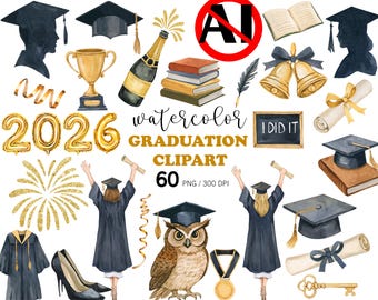 Paquete de imágenes prediseñadas PNG de graduación, graduación pintada a mano en acuarela PNG, diploma, birrete, trofeo, imágenes prediseñadas de graduación escolar