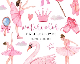 Watercolor Ballet Clipart  Hand Painted Ballerina Clipart, Pink Swan PNG, Pink Ballet Birthday, Nursery Decor, Pink Ballerina Baby Shower