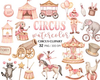 Watercolor Beige Circus Clipart: Carnival Animals, Tent, Carousel PNG, Nursery Decor, Watercolor Hand Painted circus, festival