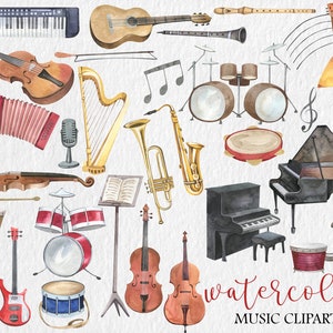 May include: Watercolor illustrations of various musical instruments, including a grand piano, a saxophone, a trumpet, a harp, a violin, a cello, a guitar, a keyboard, a drum set, maracas, a tambourine, and an accordion. The illustrations are in a watercolor style and have a whimsical feel. The text "watercolor music clipart" is at the bottom of the image.