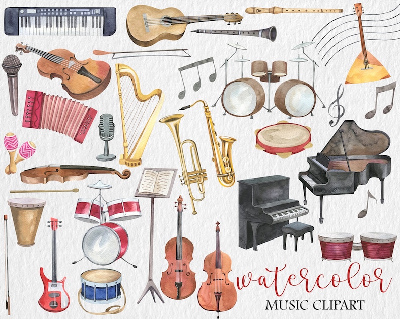 May include: Watercolor illustrations of various musical instruments, including a grand piano, a saxophone, a trumpet, a harp, a violin, a cello, a guitar, a keyboard, a drum set, maracas, a tambourine, and an accordion. The illustrations are in a watercolor style and have a whimsical feel. The text "watercolor music clipart" is at the bottom of the image.