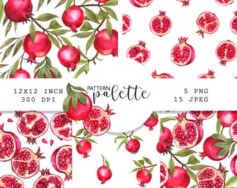 Red pomegranates, Watercolor seamless patterns, ClipArt, Watercolor patterns, Commercial Use, DIY, Citrus Fruits, Instand download, Digital