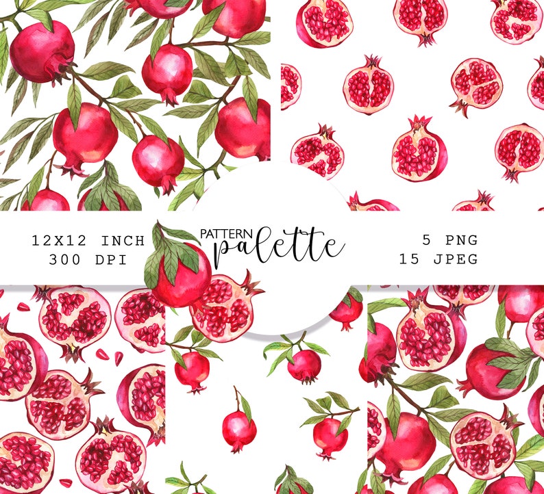 May include: Five digital seamless patterns featuring watercolor illustrations of red pomegranates with green leaves. The patterns are 12x12 inches and 300 DPI. The text "PATTERN palette" is in the center of the image.