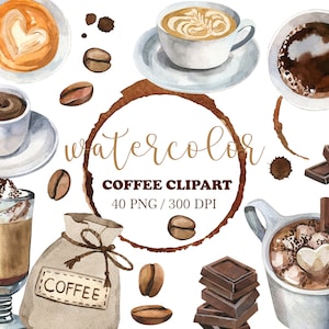 Clipart di caffè ad acquerello, decorazioni per il caffè, clipart di chicchi di caffè, clipart di tazze da caffè, decorazioni per la cucina, clipart di caffè, arte del caffè, anelli di caffè, PNG