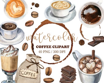 Сoffee clipart PNG, Cafe Decor, Logo, Kitchen Decor, Hand Painted Watercolor Coffee decor, Coffee Bean Clipart, Coffee mug art, Coffee Rings