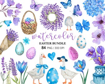 Purple Easter BIG BUNDLE PNG,  Easter Clipart, Watercolor Goose, Easter wreath, Eggs, Lavender Flowers, Purple Butterflies, Nursery Decor