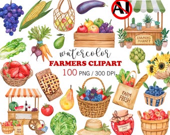 Paquete de acuarelas de mercado agrícola, 100 imágenes PNG de puestos de frutas y verduras frescas de granja, cosecha de verano, gráficos de tienda de comestibles campestre pintados a mano.